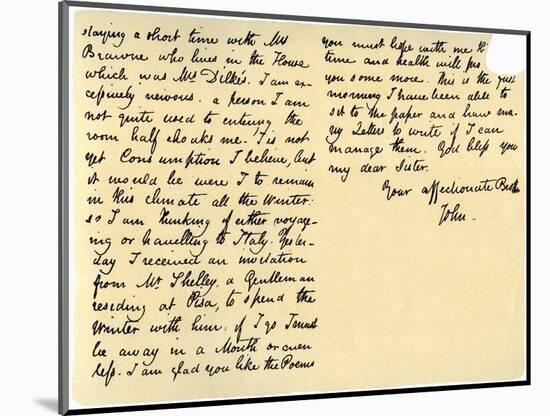 Letter from John Keats to His Sister, Fanny Keats, 14th August 1820-John Keats-Mounted Giclee Print