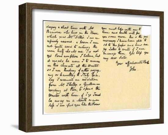 Letter from John Keats to His Sister, Fanny Keats, 14th August 1820-John Keats-Framed Giclee Print