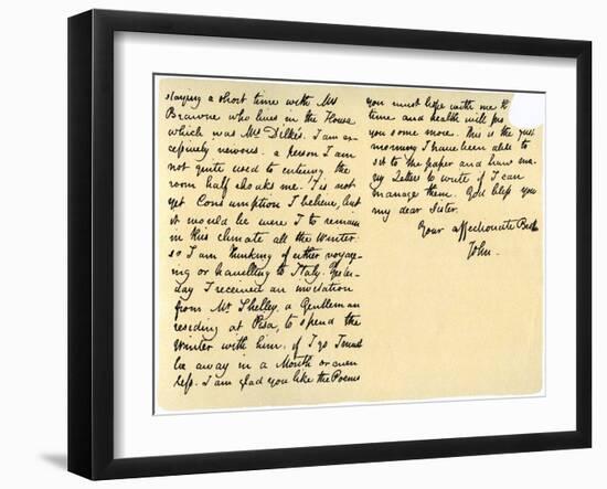 Letter from John Keats to His Sister, Fanny Keats, 14th August 1820-John Keats-Framed Giclee Print