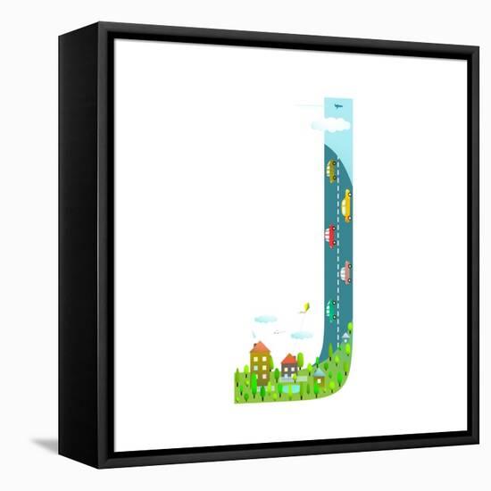 Letter J Cartoon Childish Alphabet with Road Cars and City. for Children Boys and Girls with City,-Popmarleo-Framed Stretched Canvas