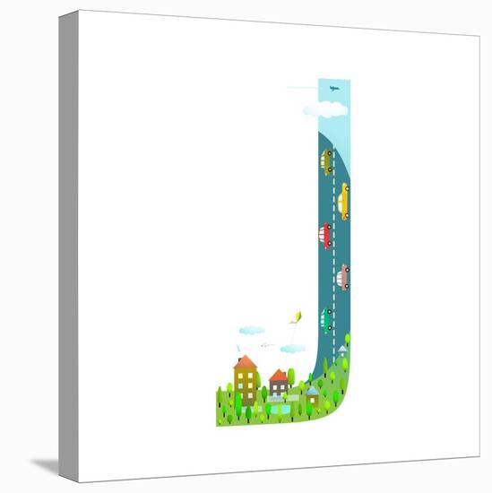 Letter J Cartoon Childish Alphabet with Road Cars and City. for Children Boys and Girls with City,-Popmarleo-Stretched Canvas