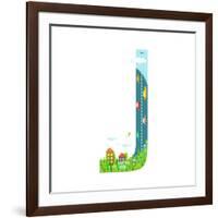 Letter J Cartoon Childish Alphabet with Road Cars and City. for Children Boys and Girls with City,-Popmarleo-Framed Art Print