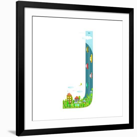 Letter J Cartoon Childish Alphabet with Road Cars and City. for Children Boys and Girls with City,-Popmarleo-Framed Art Print