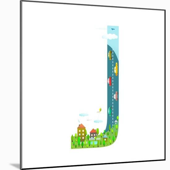 Letter J Cartoon Childish Alphabet with Road Cars and City. for Children Boys and Girls with City,-Popmarleo-Mounted Art Print