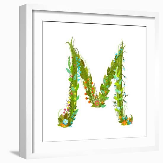 Letter M Flower Calligraphy Floral Elegant Decorative Alphabet. Floral Colorful Calligraphy Design-Popmarleo-Framed Art Print