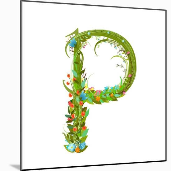 Letter P Floral Latin Decorative Character Alphabet Lettering Sign. Colorful Hand Drawn Blooming Fl-Popmarleo-Mounted Art Print