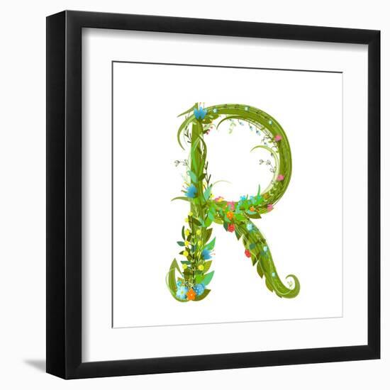 Letter R Floral Latin Decorative Character Alphabet Lettering Sign. Colorful Hand Drawn Blooming Fl-Popmarleo-Framed Art Print
