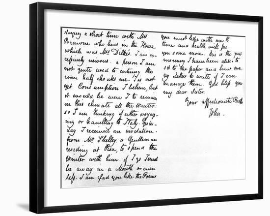 Letter to His Younger Sister, Fanny Keats, Mentioning That He Is Staying as a Guest of Mrs…-John Keats-Framed Giclee Print