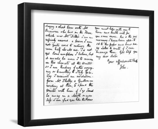 Letter to His Younger Sister, Fanny Keats, Mentioning That He Is Staying as a Guest of Mrs…-John Keats-Framed Giclee Print