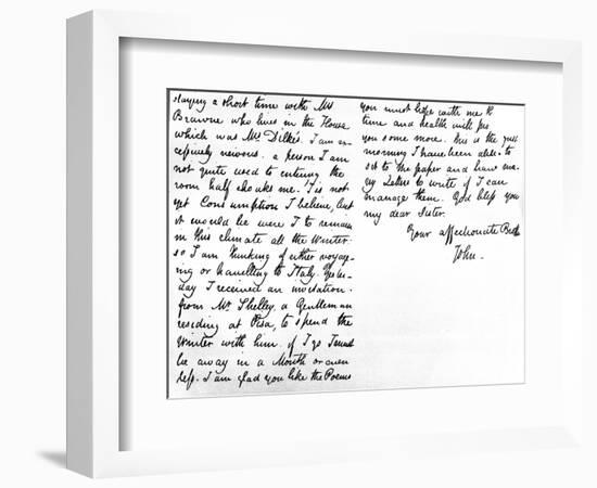 Letter to His Younger Sister, Fanny Keats, Mentioning That He Is Staying as a Guest of Mrs…-John Keats-Framed Giclee Print