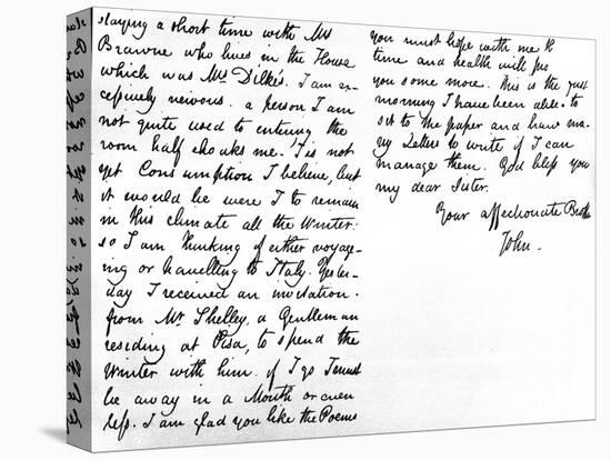 Letter to His Younger Sister, Fanny Keats, Mentioning That He Is Staying as a Guest of Mrs…-John Keats-Stretched Canvas