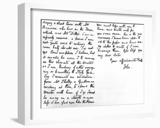 Letter to His Younger Sister, Fanny Keats, Mentioning That He Is Staying as a Guest of Mrs…-John Keats-Framed Giclee Print