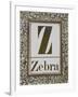 Letter Z: Zebra. Gold Letter With Decorative Border-null-Framed Giclee Print