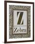 Letter Z: Zebra. Gold Letter With Decorative Border-null-Framed Giclee Print