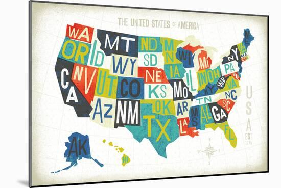 Letterpress USA Map-Michael Mullan-Mounted Art Print