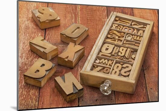 Letterpress Wood Type Blocks in a Typesetter Drawer against Rustic Red Barn Wood-PixelsAway-Mounted Art Print