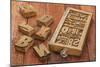 Letterpress Wood Type Blocks in a Typesetter Drawer against Rustic Red Barn Wood-PixelsAway-Mounted Art Print