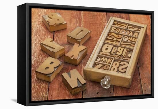 Letterpress Wood Type Blocks in a Typesetter Drawer against Rustic Red Barn Wood-PixelsAway-Framed Stretched Canvas