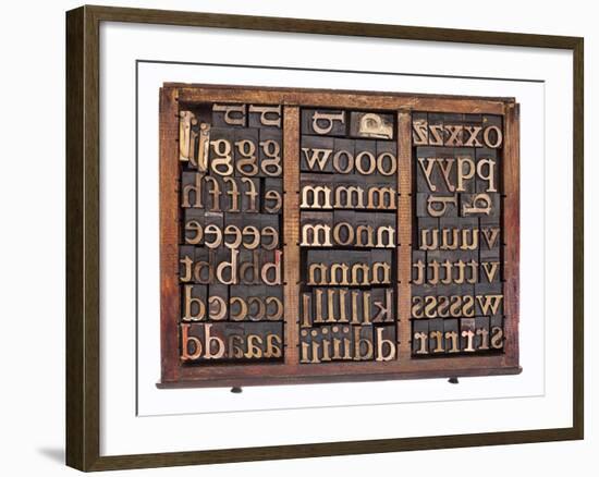 Letterpress Wood Type Printing Blocks in Old Typesetter Drawer Isolated on White-PixelsAway-Framed Art Print