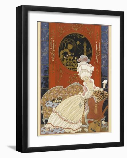 Lettre A woman reading a letter-Georges Barbier-Framed Giclee Print