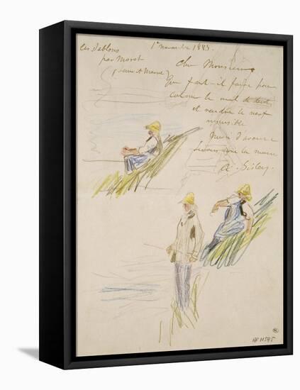 Lettre autographe; croquis de trois pêcheurs-Alfred Sisley-Framed Stretched Canvas