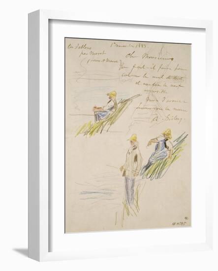 Lettre autographe; croquis de trois pêcheurs-Alfred Sisley-Framed Giclee Print