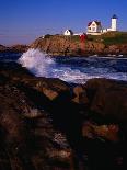 Surf Crashing on York Beach with Nubble Lighthouse in Background, Cape Neddick, USA-Levesque Kevin-Framed Stretched Canvas