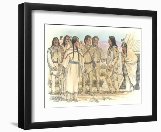 Lewis, Clark, and Sacagawea Meeting a Group of Four Indians in Front of a Mat Lodge-Roger Cooke-Framed Giclee Print