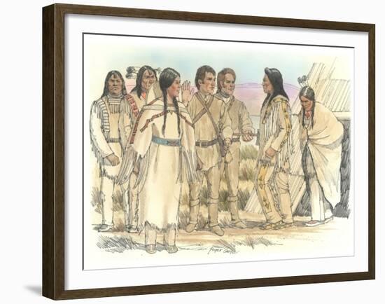 Lewis, Clark, and Sacagawea Meeting a Group of Four Indians in Front of a Mat Lodge-Roger Cooke-Framed Giclee Print