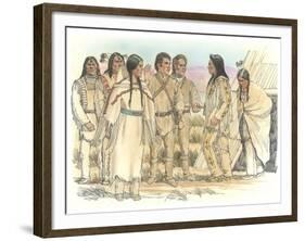 Lewis, Clark, and Sacagawea Meeting a Group of Four Indians in Front of a Mat Lodge-Roger Cooke-Framed Giclee Print