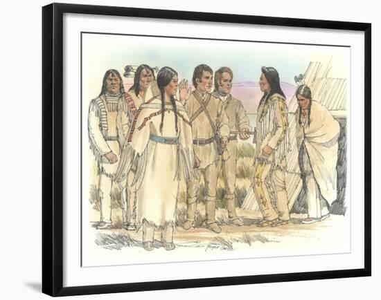 Lewis, Clark, and Sacagawea Meeting a Group of Four Indians in Front of a Mat Lodge-Roger Cooke-Framed Giclee Print