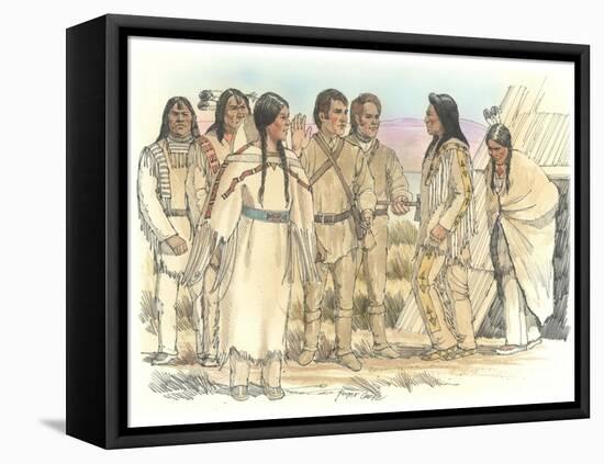Lewis, Clark, and Sacagawea Meeting a Group of Four Indians in Front of a Mat Lodge-Roger Cooke-Framed Stretched Canvas