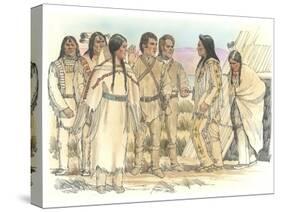 Lewis, Clark, and Sacagawea Meeting a Group of Four Indians in Front of a Mat Lodge-Roger Cooke-Stretched Canvas