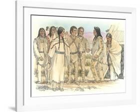 Lewis, Clark, and Sacagawea Meeting a Group of Four Indians in Front of a Mat Lodge-Roger Cooke-Framed Giclee Print