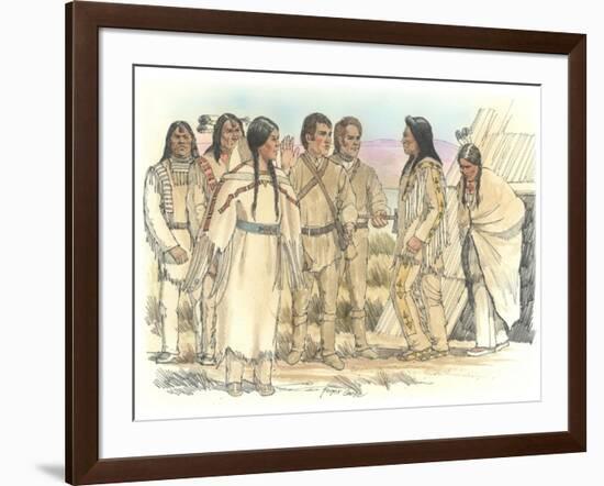 Lewis, Clark, and Sacagawea Meeting a Group of Four Indians in Front of a Mat Lodge-Roger Cooke-Framed Giclee Print