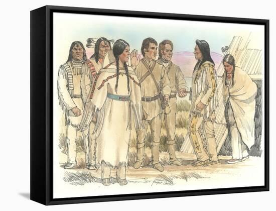 Lewis, Clark, and Sacagawea Meeting a Group of Four Indians in Front of a Mat Lodge-Roger Cooke-Framed Stretched Canvas