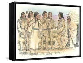 Lewis, Clark, and Sacagawea Meeting a Group of Four Indians in Front of a Mat Lodge-Roger Cooke-Framed Stretched Canvas