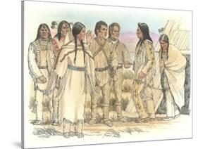 Lewis, Clark, and Sacagawea Meeting a Group of Four Indians in Front of a Mat Lodge-Roger Cooke-Stretched Canvas