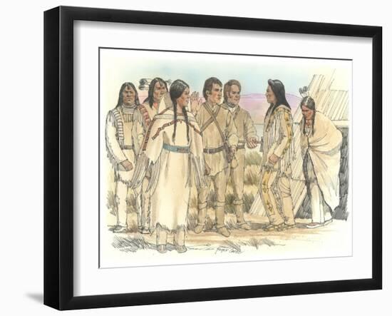 Lewis, Clark, and Sacagawea Meeting a Group of Four Indians in Front of a Mat Lodge-Roger Cooke-Framed Giclee Print