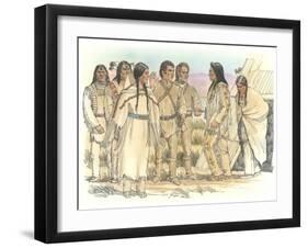 Lewis, Clark, and Sacagawea Meeting a Group of Four Indians in Front of a Mat Lodge-Roger Cooke-Framed Giclee Print