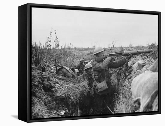 Lewis Gunner on the Firing Step of a Trench, 1916-18-English Photographer-Framed Stretched Canvas