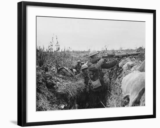 Lewis Gunner on the Firing Step of a Trench, 1916-18-English Photographer-Framed Photographic Print