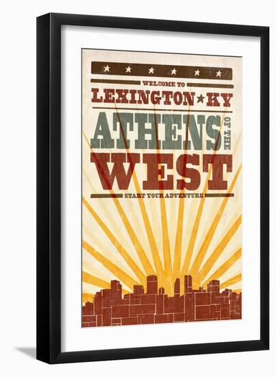 Lexington, Kentucky - Skyline and Sunburst Screenprint Style-Lantern Press-Framed Art Print