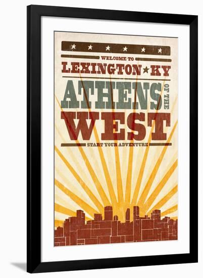 Lexington, Kentucky - Skyline and Sunburst Screenprint Style-Lantern Press-Framed Art Print