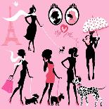 Set of Black Silhouettes of Fashionable Girls with their Pets - Dogs (Dalmatian, Terrier, Poodle, C-lian2011-Art Print