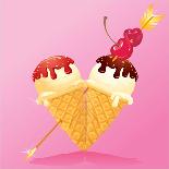 Vanilla Ice Cream Cones with Chocolate and Strawberry Glaze in Heart Shape with Arrow and Cherry. D-lian2011-Art Print