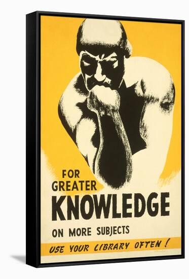 Library Poster with the Thinker-null-Framed Stretched Canvas