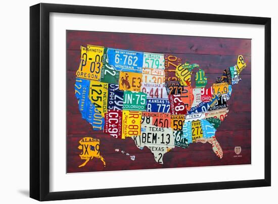 License Plate Map USA Large-Design Turnpike-Framed Giclee Print