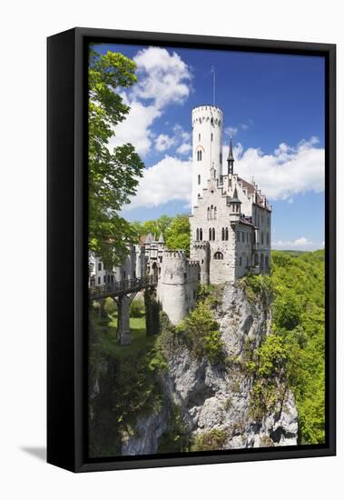 Lichtenstein Castle in Spring, Swabian Alb, Baden Wurttemberg, Germany, Europe-Markus Lange-Framed Stretched Canvas