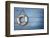 Life Buoy Decoration on Blue Shabby Background-egal-Framed Photographic Print